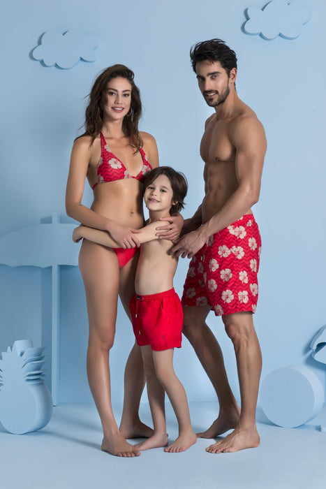 Flower & Zigzag Kırmızı Desenli Boyundan Bağlamalı Kadın Bikini Üstü
