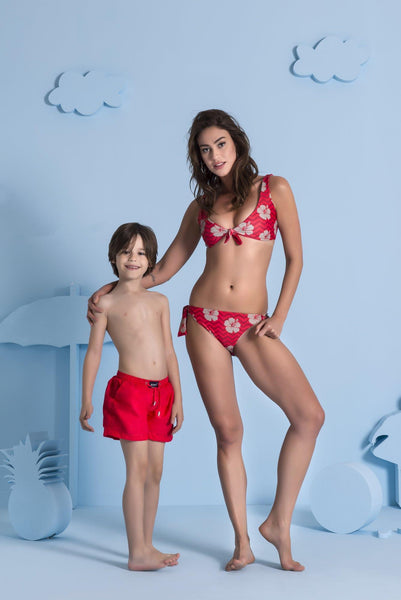Flower & Zigzag Kırmızı Desenli Yandan Bağlamalı Kadın Bikini Altı